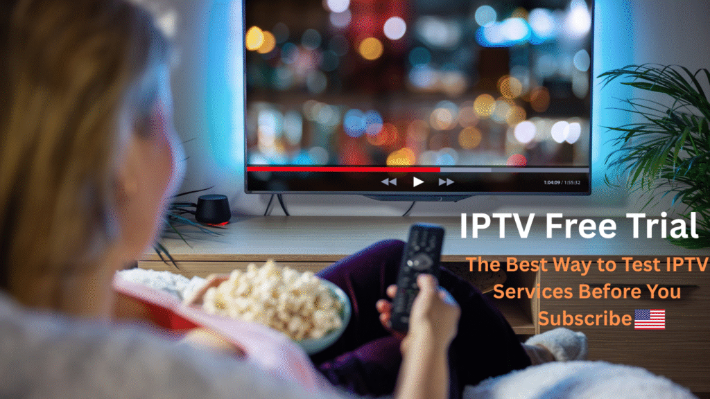 Woman watching online TV streaming at home with a remote and popcorn, representing IPTV free trial testing experience for USA viewers